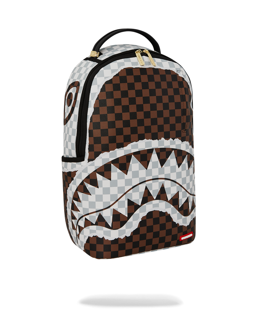 CREAM AND BROWN TEAR CHECK BACKPACK