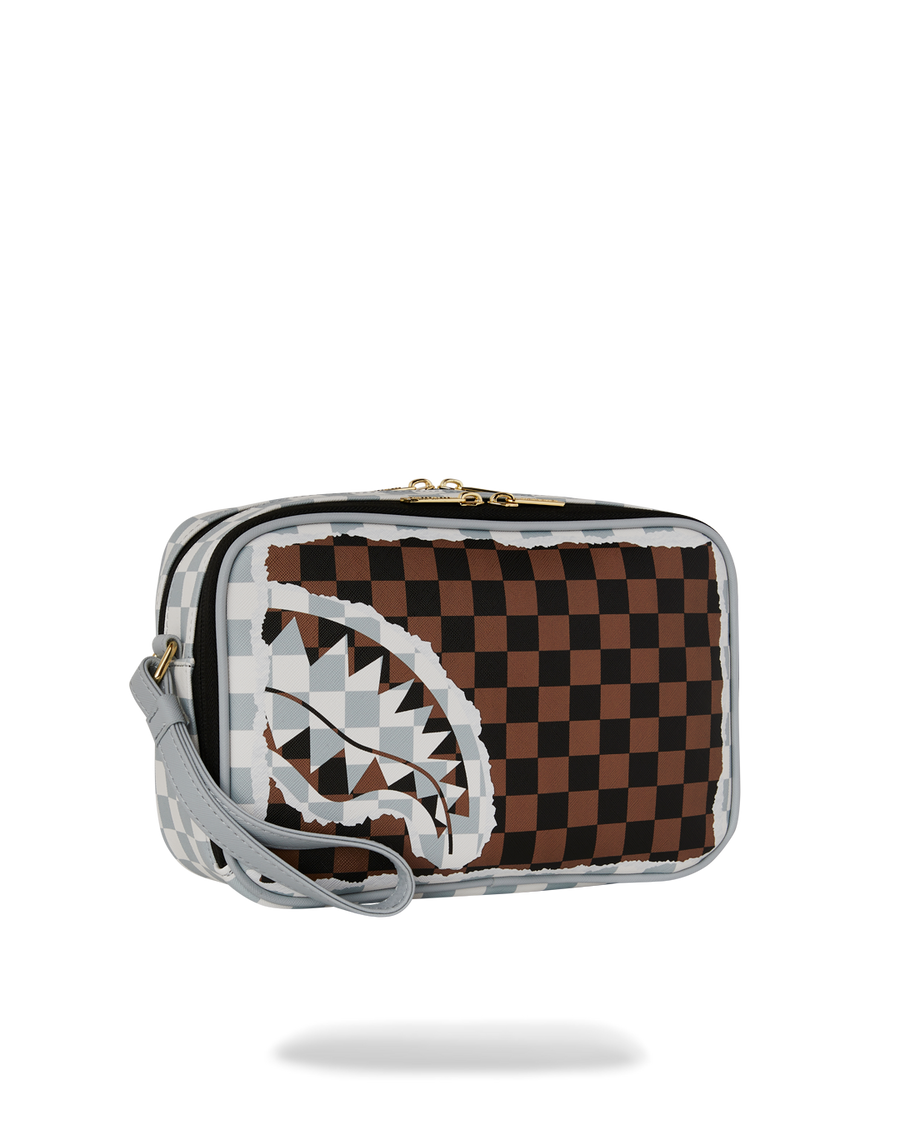 CREAM AND BROWN TEAR CHECK TOILETRY BAG