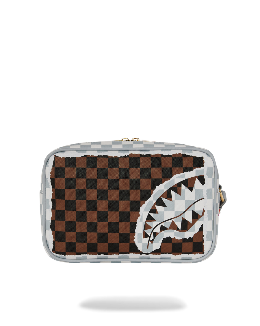 CREAM AND BROWN TEAR CHECK TOILETRY BAG