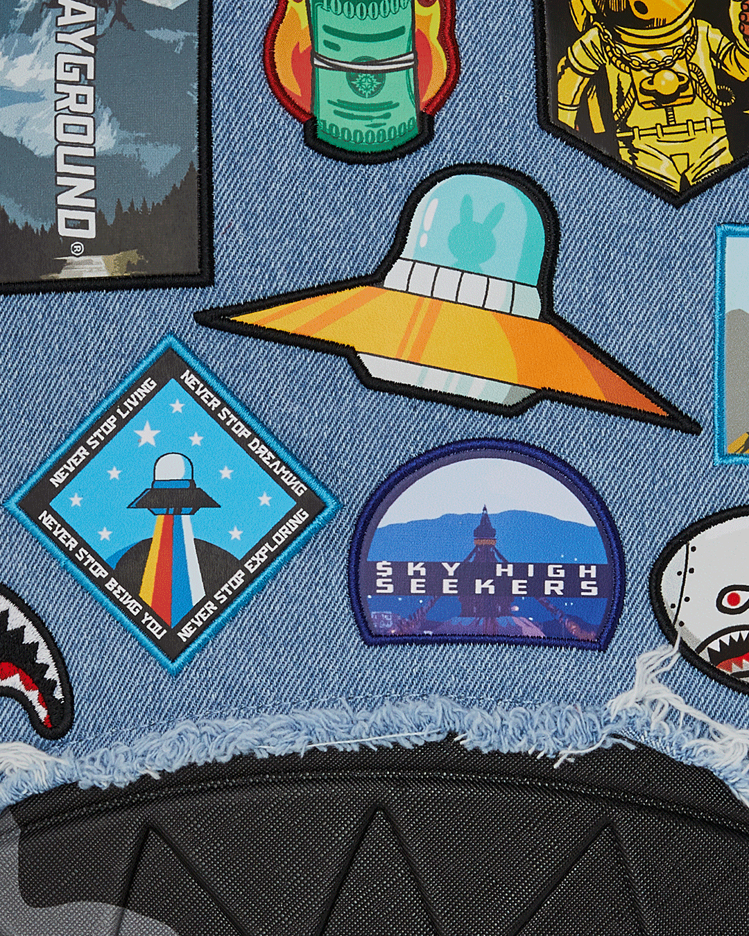 DENIM TEAR 3 AM PATCHES BACKPACK